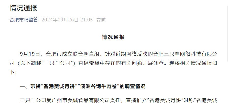 合肥市联合调查组通报三只羊公司有关问题调查结果